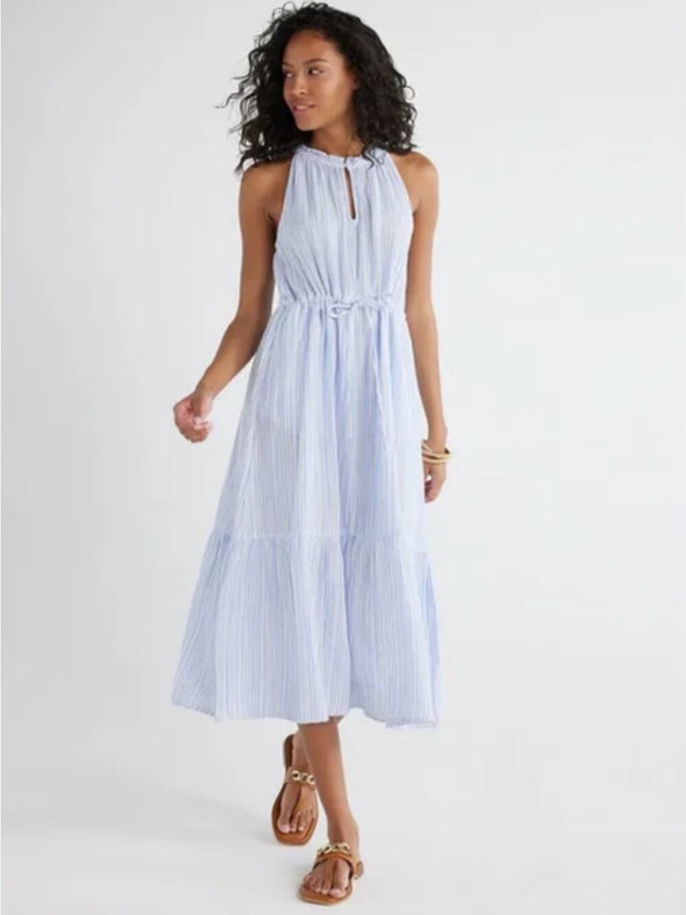 Time And Tru Blue Cotton Tiered Midi Dress
